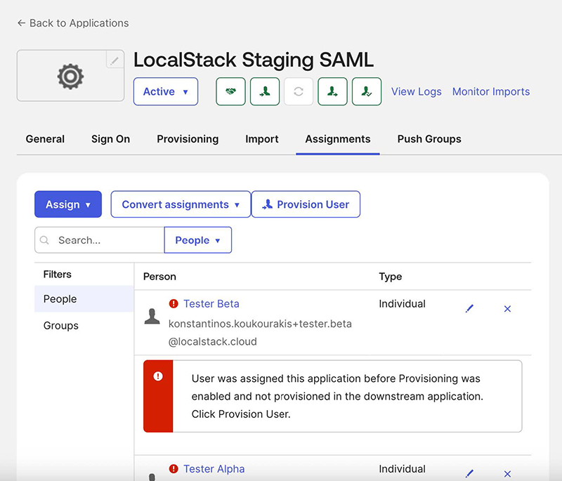 Errors when provisioning users for SAML application